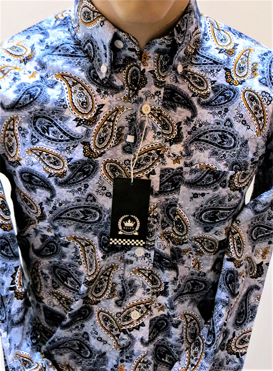 Relco Grey Shirt With Black And Gold Paisley Pattern - Shirts And Things
