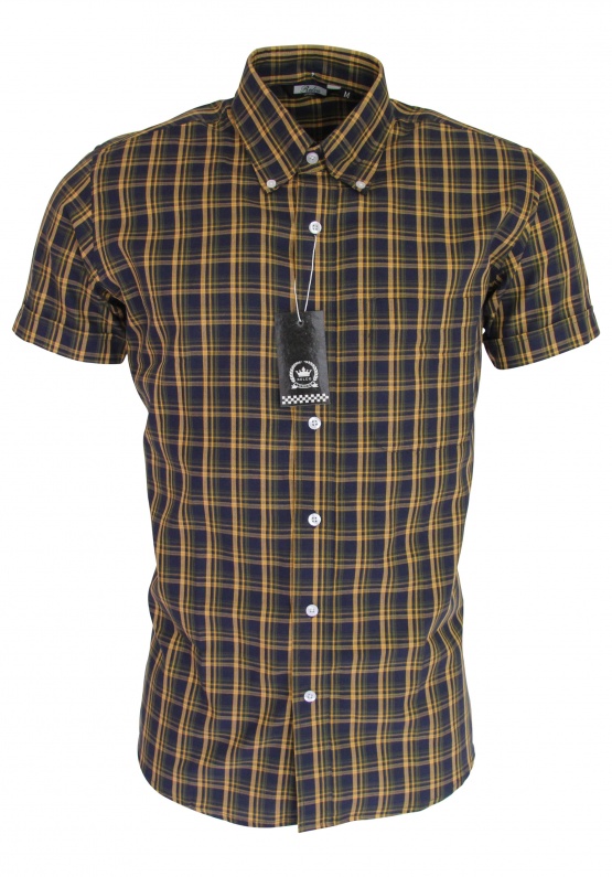 Relco Navy Short Sleeve Shirt With Mustard Check. - Shirts And Things