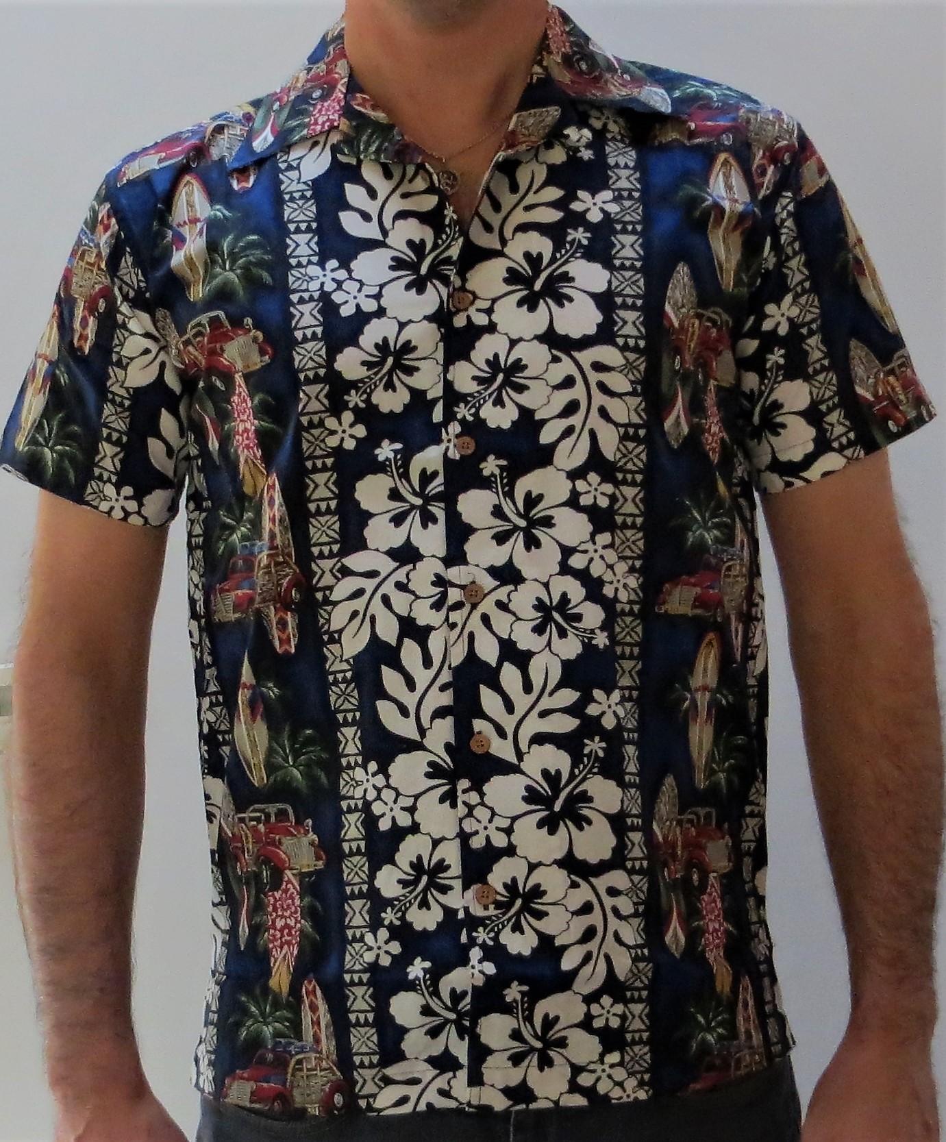 Relco Navy Blue Hawaiian Shirt With Flowers, Beach Buggies And Surf ...