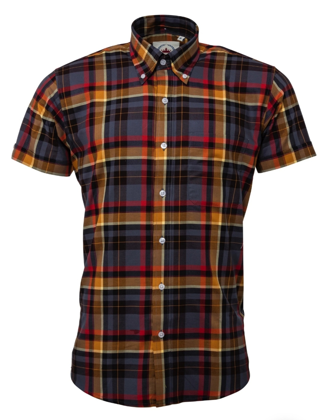 Relco Short Sleeve Grey Shirt With Red/Mustard/Cream And Black Check ...